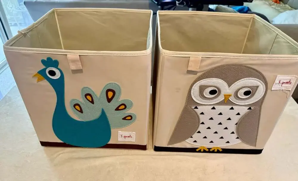 3 Sprouts Children's Foldable Cube Storage Bins (Peacock and Owl)